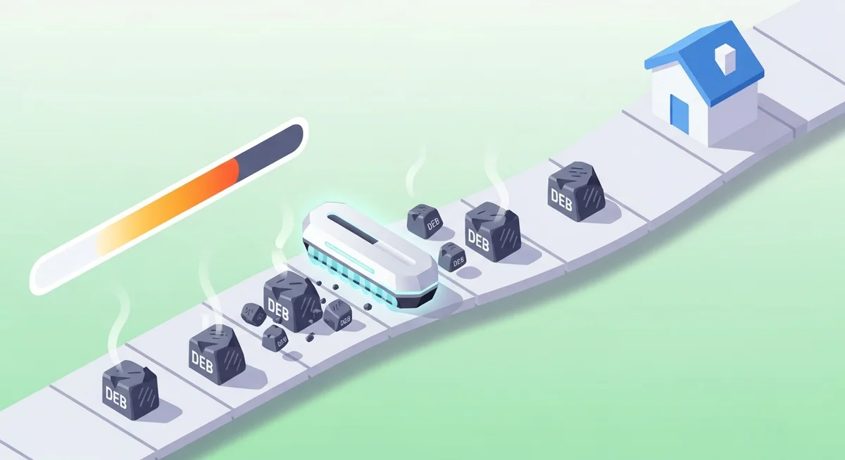 An isometric illustration showing abstract debt symbols being removed from a path leading upwards to a house, representing increased borrowing capacity.