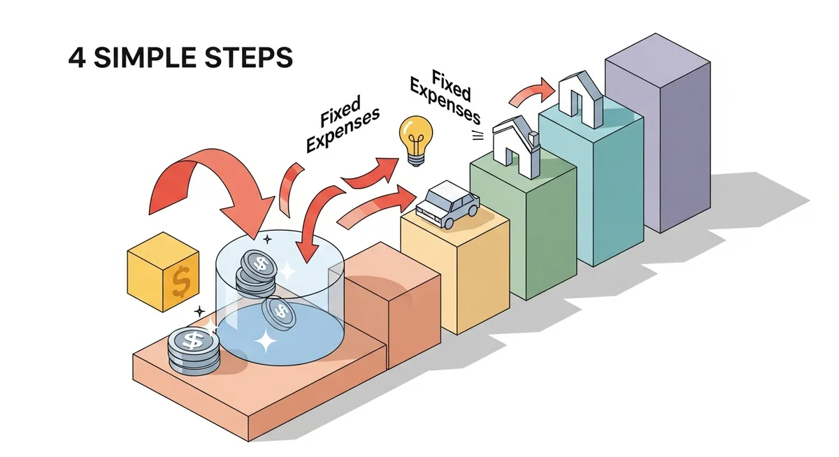 An isometric illustration showing a financial budget being built in four steps. The first step shows income flowing into a central container and fixed expenses flowing out, represented by abstract, geometric shapes in soft pastels.