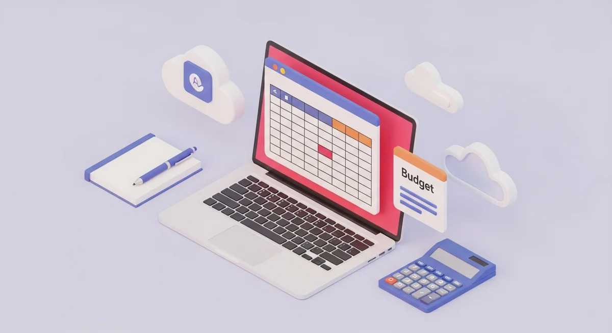 An isometric illustration of a desk with various budget tracking tools. A laptop shows a simplified spreadsheet, surrounded by a notebook, pen, and calculator, all in soft pastel colors.
