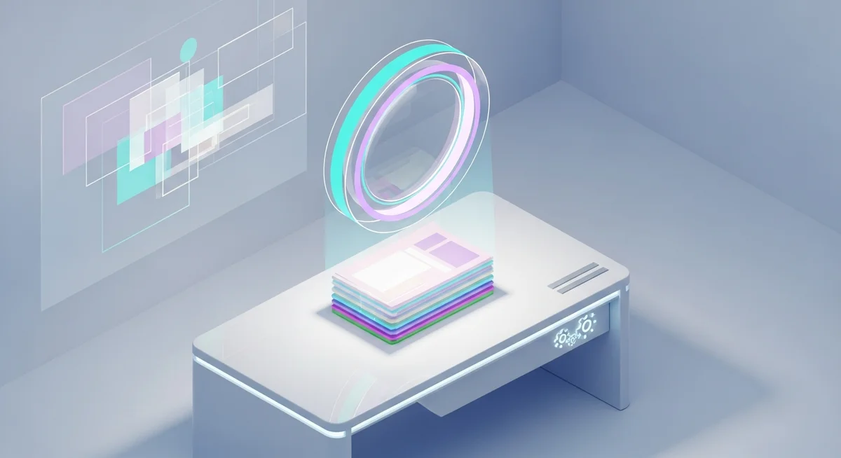 An isometric magnifying glass hovers over a stack of documents on a clean desk, symbolizing a detailed review.