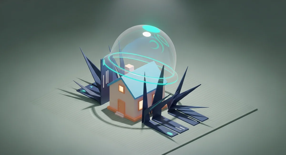 A stylized isometric house is protected by a pastel shield from sharp creditor symbols.
