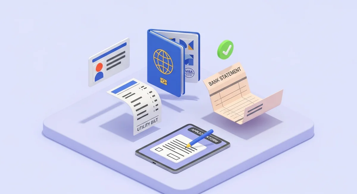 An isometric illustration of various documents and a tablet, representing items needed to open a bank account.