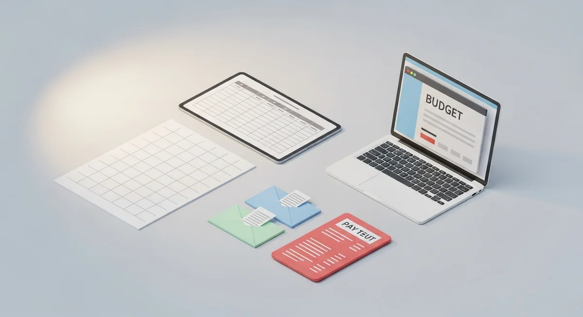 An isometric illustration of a desk with budgeting tools like paper, a tablet, and a laptop surrounded by abstract bills and pay stubs.