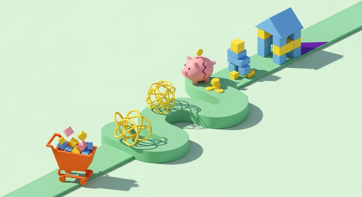An isometric illustration of a clear financial path with abstract pitfalls like an overflowing shopping cart and a cracked piggy bank.