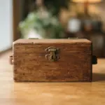 A small, sturdy, closed wooden chest rests on a smooth, warm timber surface