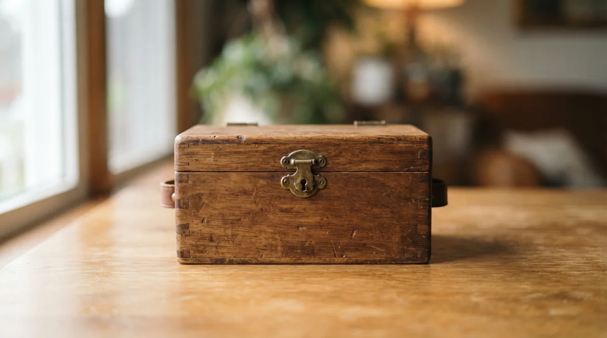A small, sturdy, closed wooden chest rests on a smooth, warm timber surface