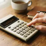 A gentle hand carefully pressing a button on a vintage financial calculator, resting on a warm wooden desk