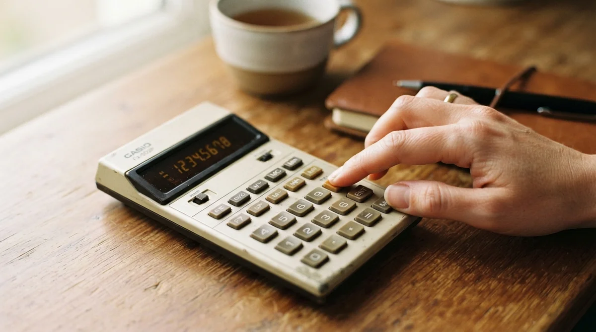 A gentle hand carefully pressing a button on a vintage financial calculator, resting on a warm wooden desk