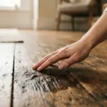 A close-up shot of a hand gently feeling a water-stained wooden floorboard in a warmly lit home interior