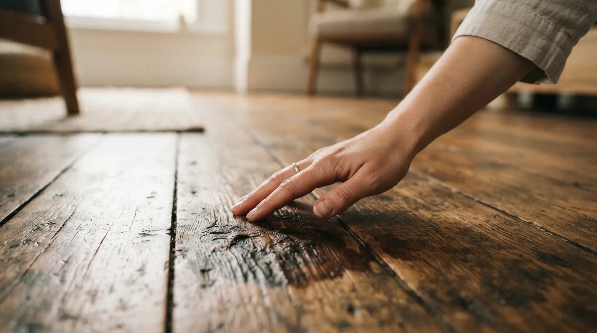 A close-up shot of a hand gently feeling a water-stained wooden floorboard in a warmly lit home interior