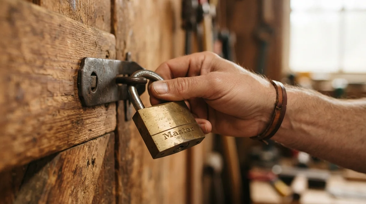 A hand holding a brass Master padlock attached to a metal latch on a rustic wooden door