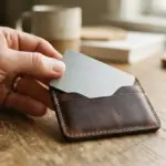A focused hand carefully placing a plain credit card into a minimalist leather wallet