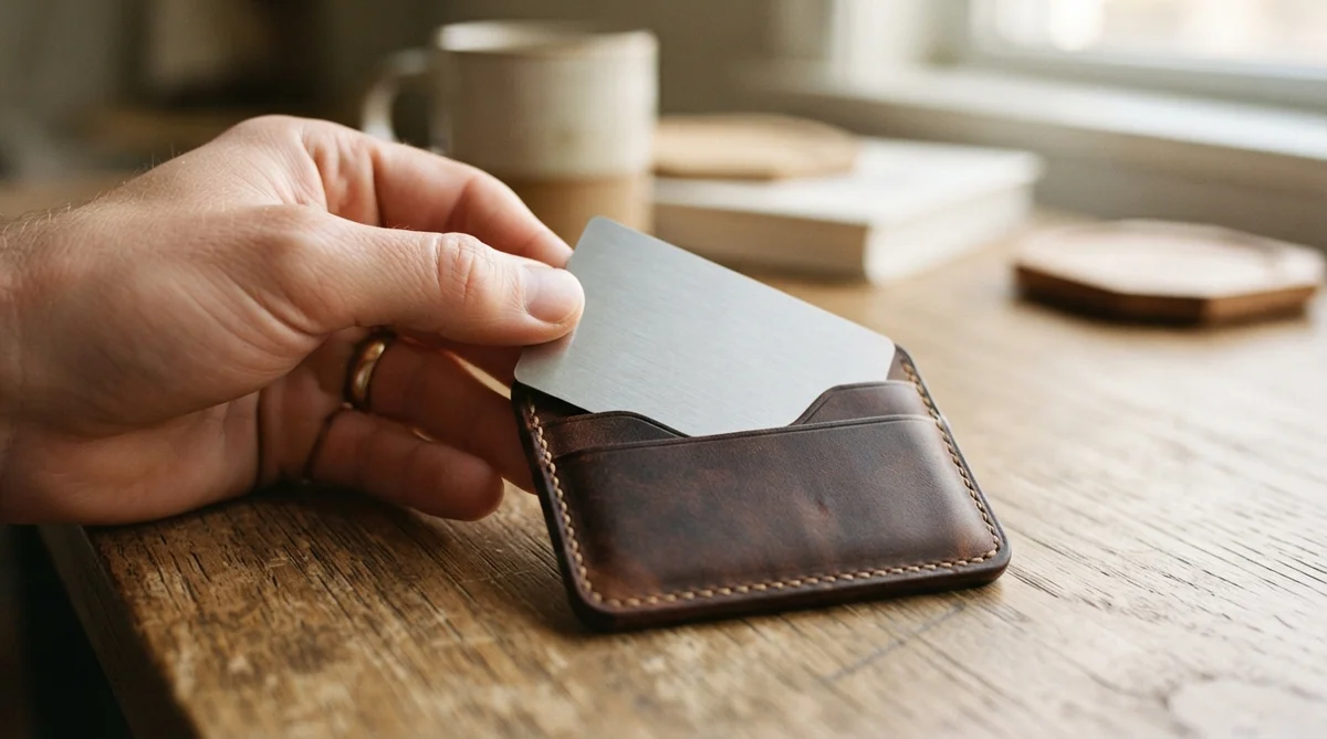 A focused hand carefully placing a plain credit card into a minimalist leather wallet