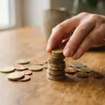 A person's hand gently consolidating several small, scattered piles of coins into one neat, larger stack on a warm