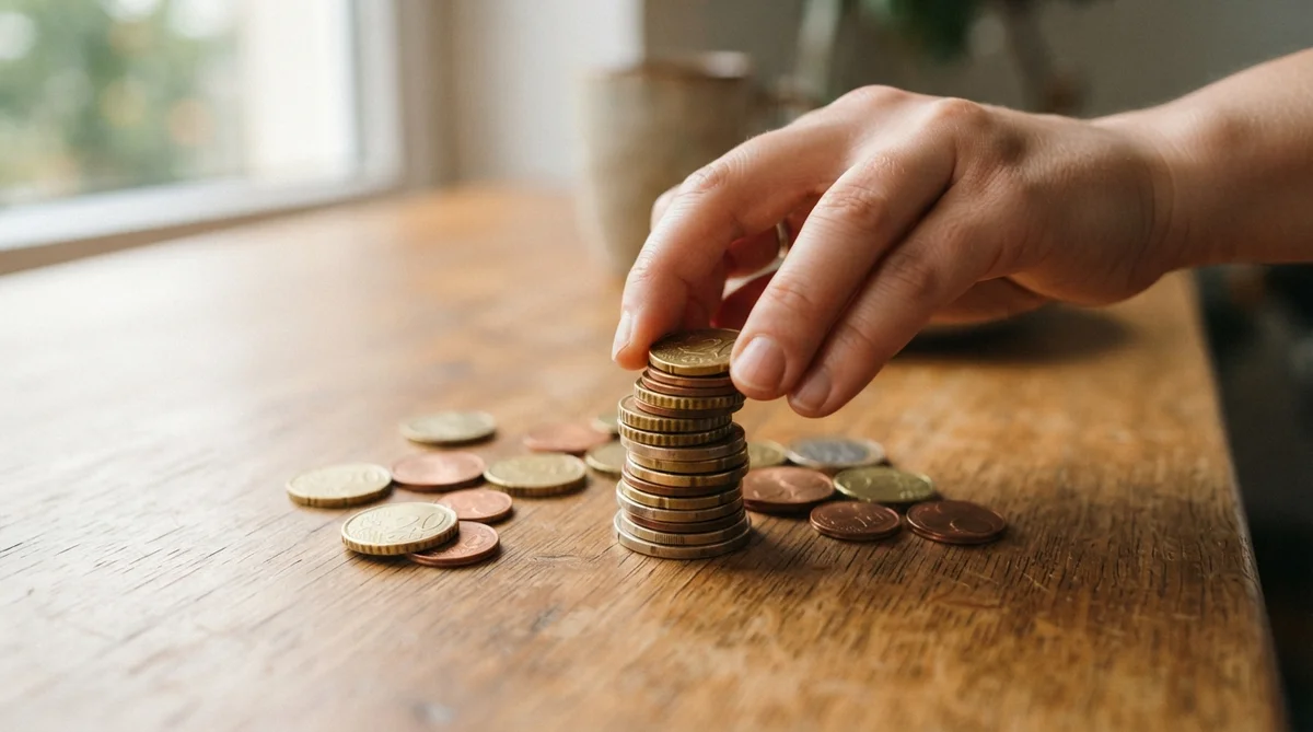 A person's hand gently consolidating several small, scattered piles of coins into one neat, larger stack on a warm