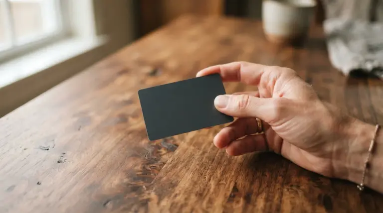 A hand holding a blank dark rectangular card above a wooden surface