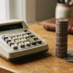 A vintage-style calculator sits beside a neat, growing stack of U.S