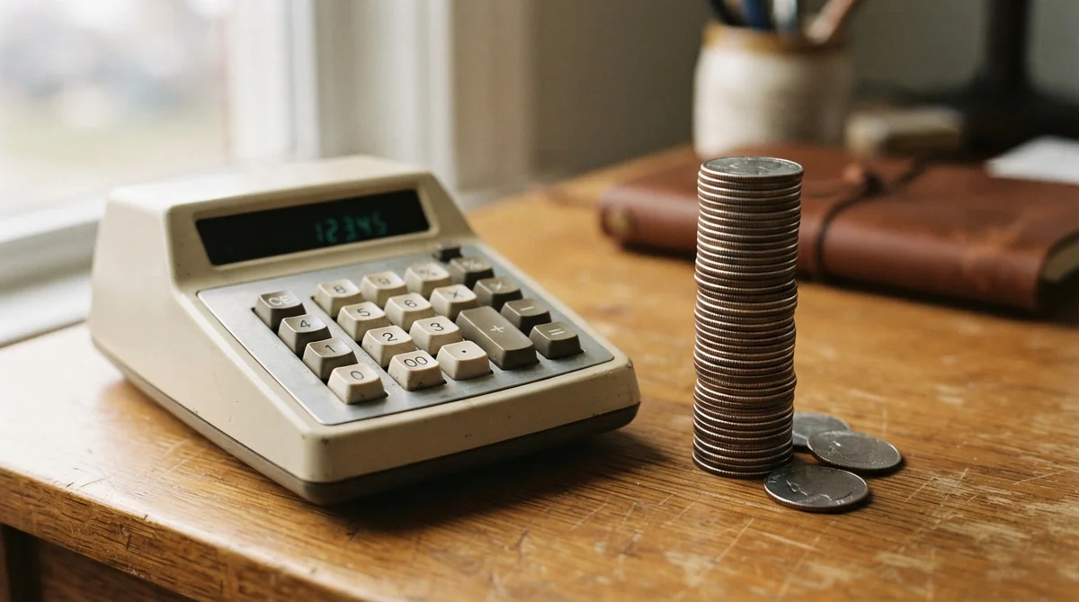 A vintage-style calculator sits beside a neat, growing stack of U.S