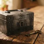 A small, classic metal strongbox with a key resting beside it, on a textured warm wooden table