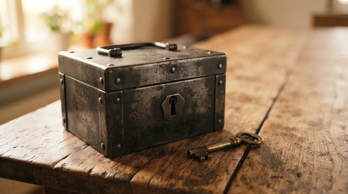 A small, classic metal strongbox with a key resting beside it, on a textured warm wooden table