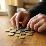 A person's hands gently sifting through a small pile of euro coins on a warm, polished wooden table, bathed in soft