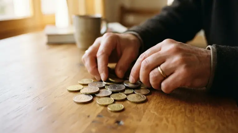 A person's hands gently sifting through a small pile of euro coins on a warm, polished wooden table, bathed in soft