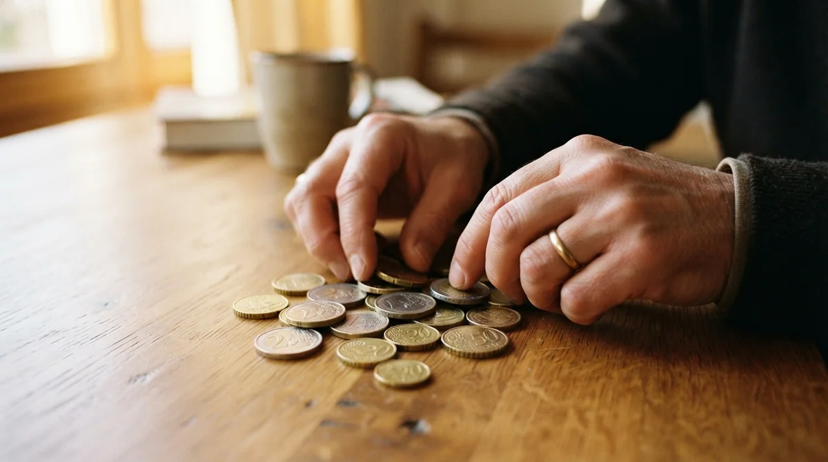 A person's hands gently sifting through a small pile of euro coins on a warm, polished wooden table, bathed in soft